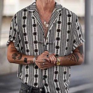 Ethnic Printed Shirt Men Casual Streetwear Turn-down Collar Button Short Sleeve